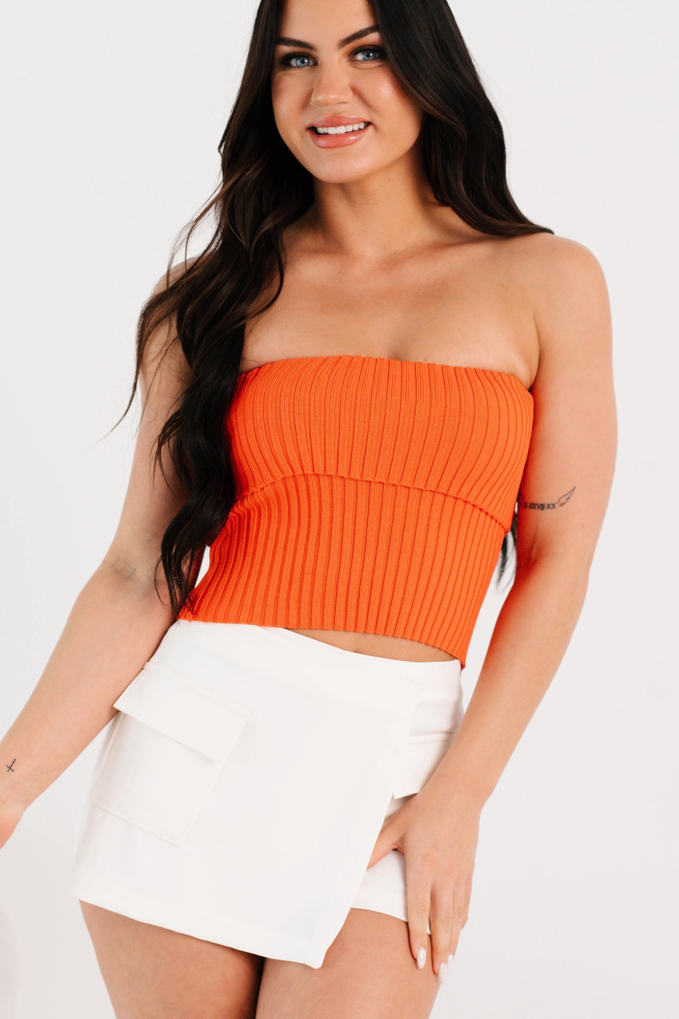 Cozy Corner Ribbed Strapless Fold Over Top (Tomato)