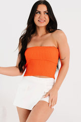 Cozy Corner Ribbed Strapless Fold Over Top (Tomato)