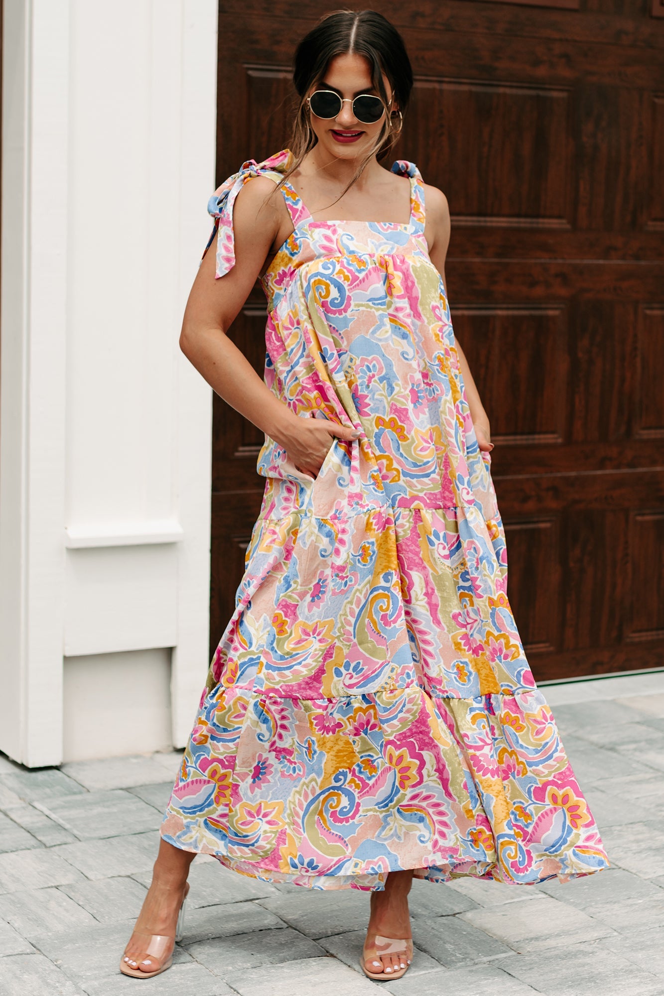 Brunch In Bali Tie-Shoulder Paisley Maxi Dress (Multi)