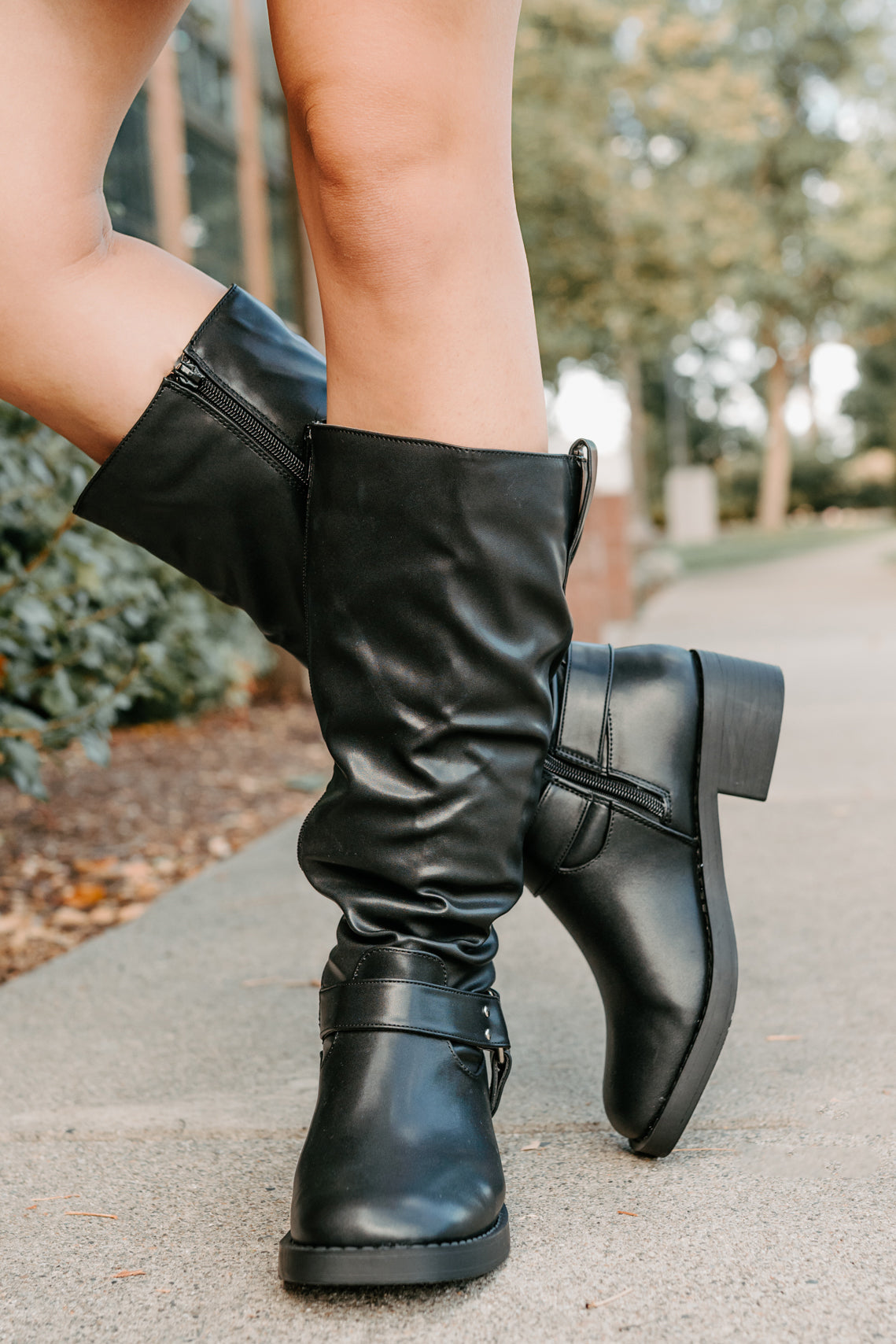 Clocking In Faux Leather Knee High Boots (Black)