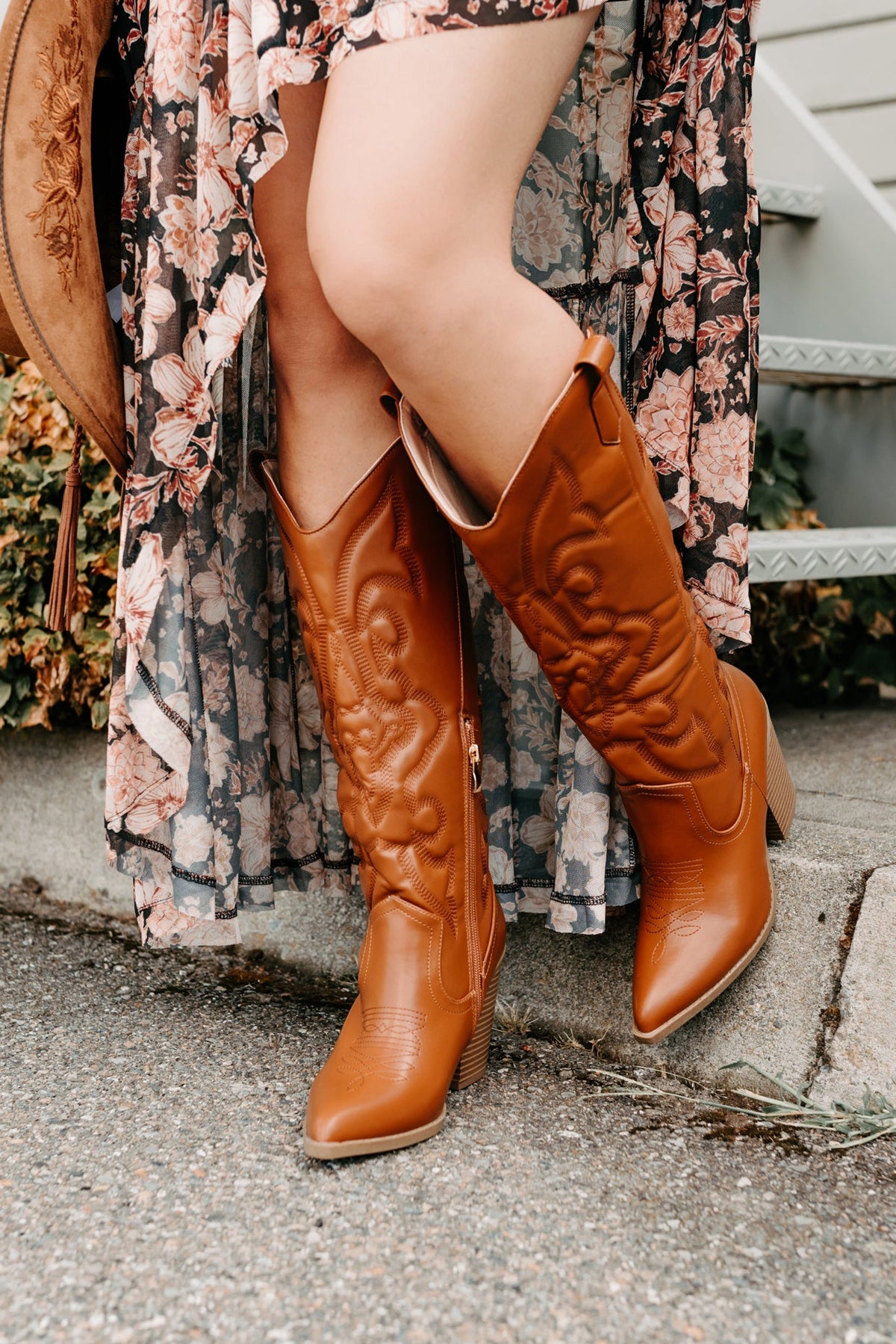 Didn't Come To Play Faux Leather Cowgirl Boots (Camel)