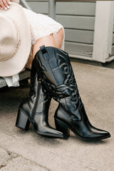 Didn't Come To Play Faux Leather Cowgirl Boots (Black)