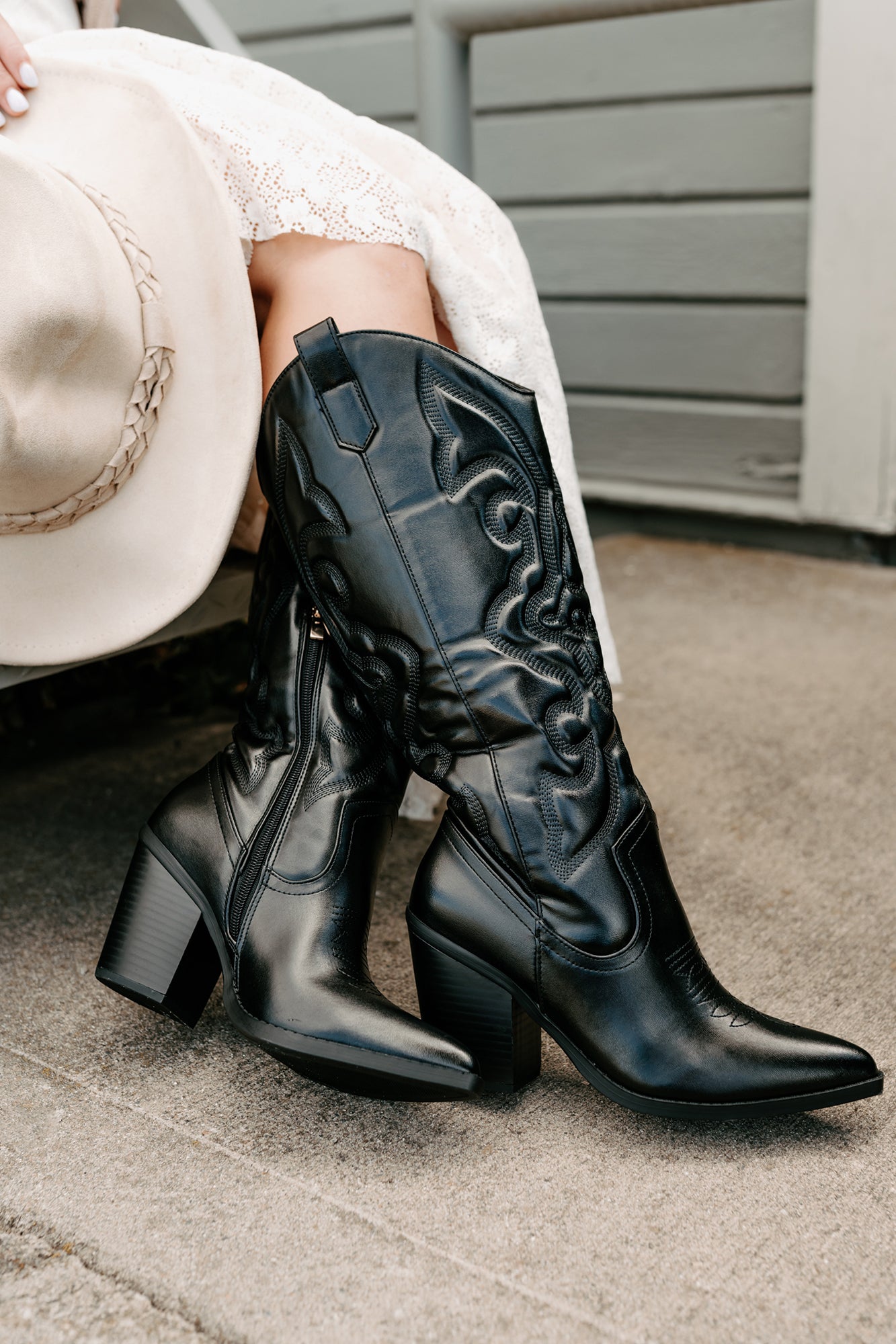 Didn't Come To Play Faux Leather Cowgirl Boots (Black)