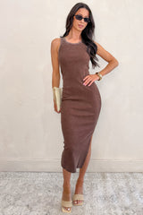 Everyday Power Ribbed Knit Sleeveless Midi Dress (Chocolate)