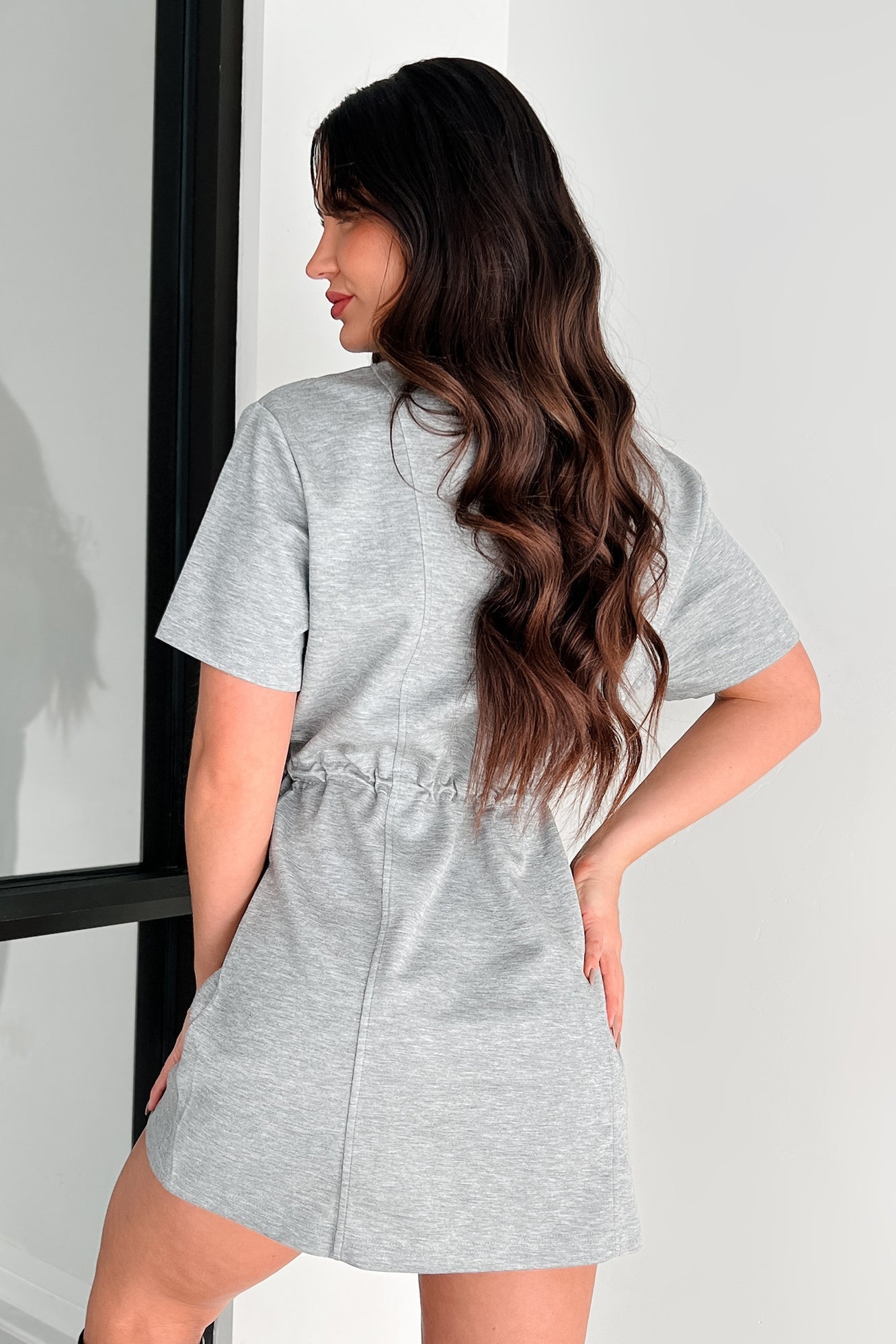 Daily Dose Of Cuteness Drawstring Waist T-Shirt Dress (Grey)