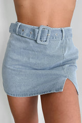 Growing Distant Belted Denim Mini Skirt (Washed Denim)