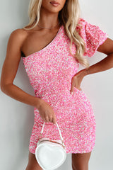 Forever Fabulous One Shoulder Sequin Mini Dress (Fuchsia)
