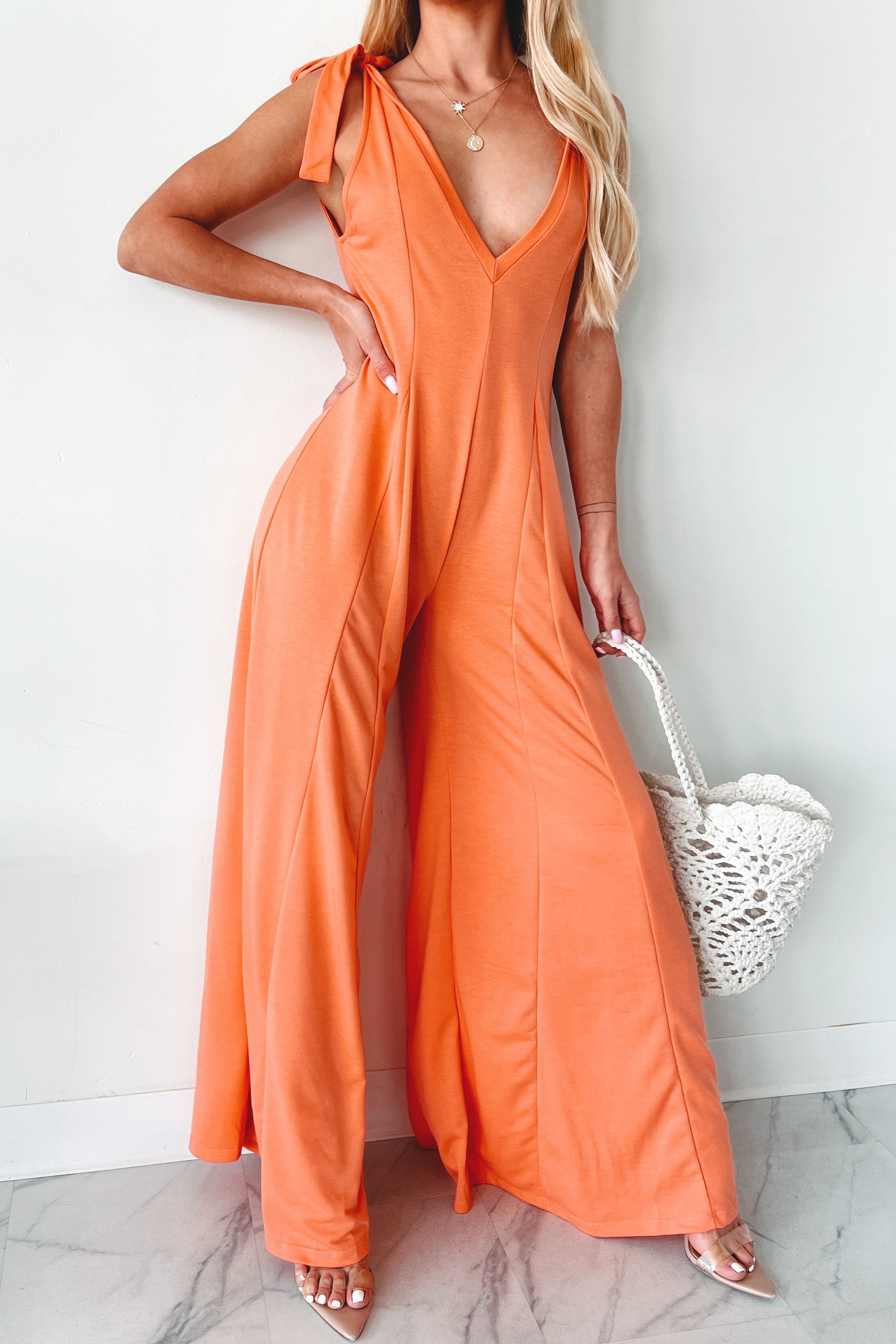 Iconic Comfort Shoulder Tie Wide Leg Jumpsuit (Light Peach)