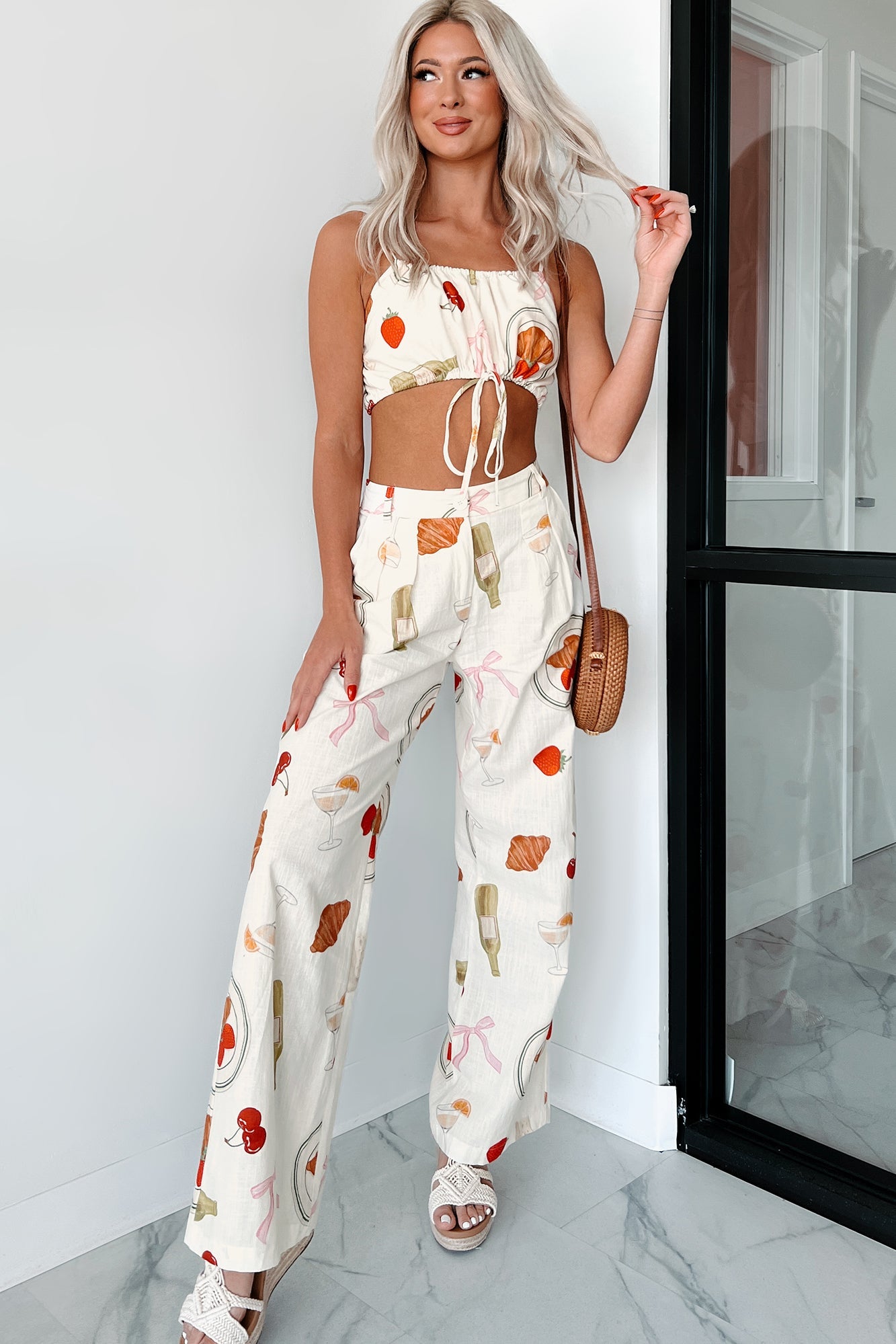 French Bistro Printed Drawstring Crop Top (Ivory)