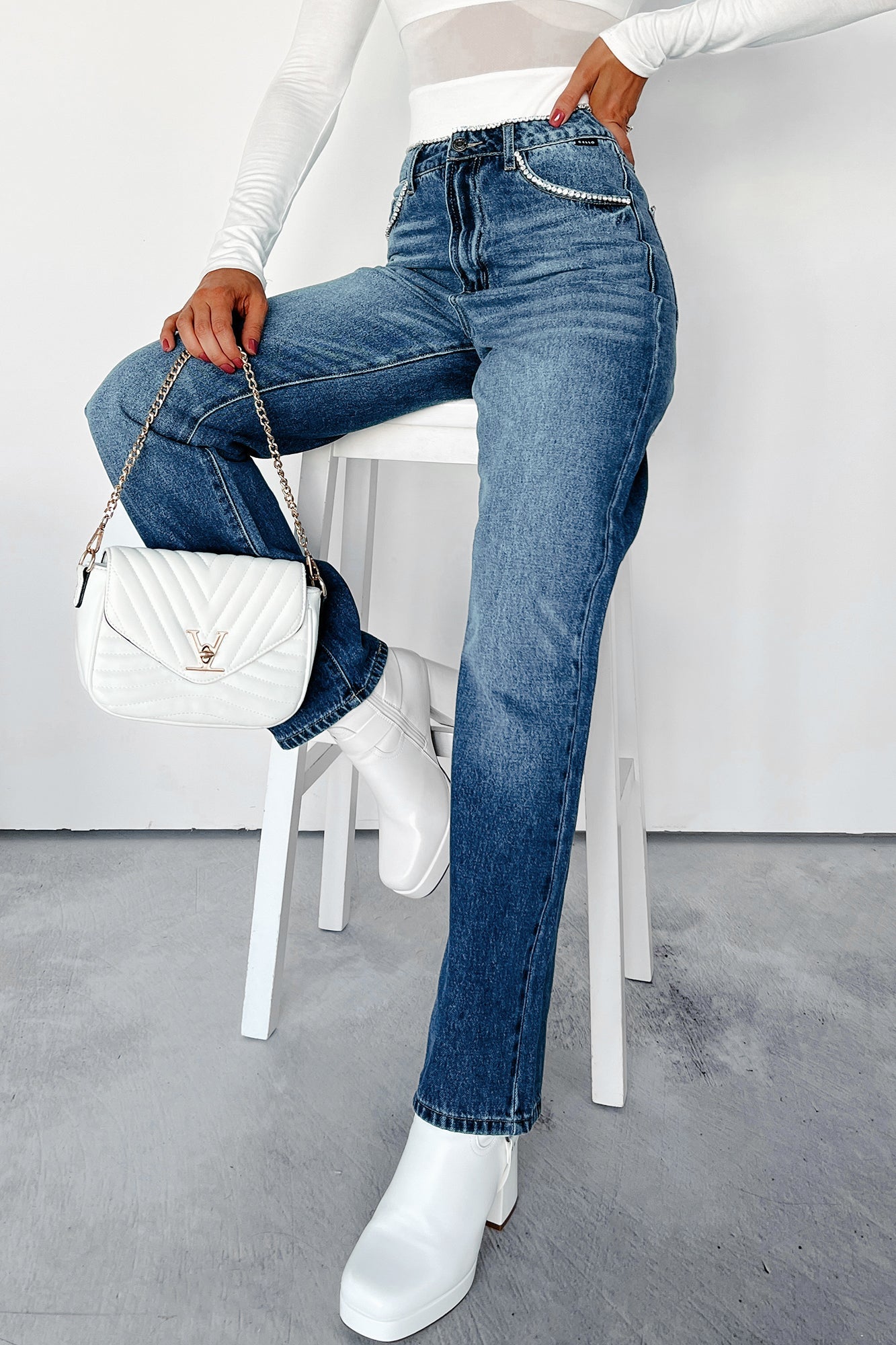 Danson Rhinestone Embellished Cello Dad Jeans (Dark)