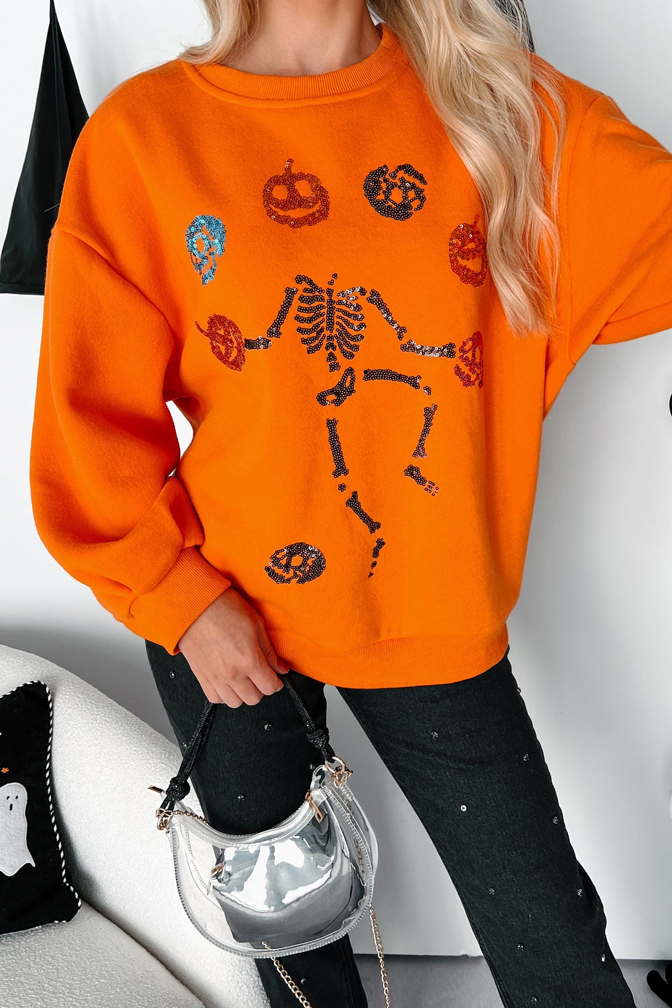 Dancing Critters Sequin Halloween Crewneck (Pumpkin)