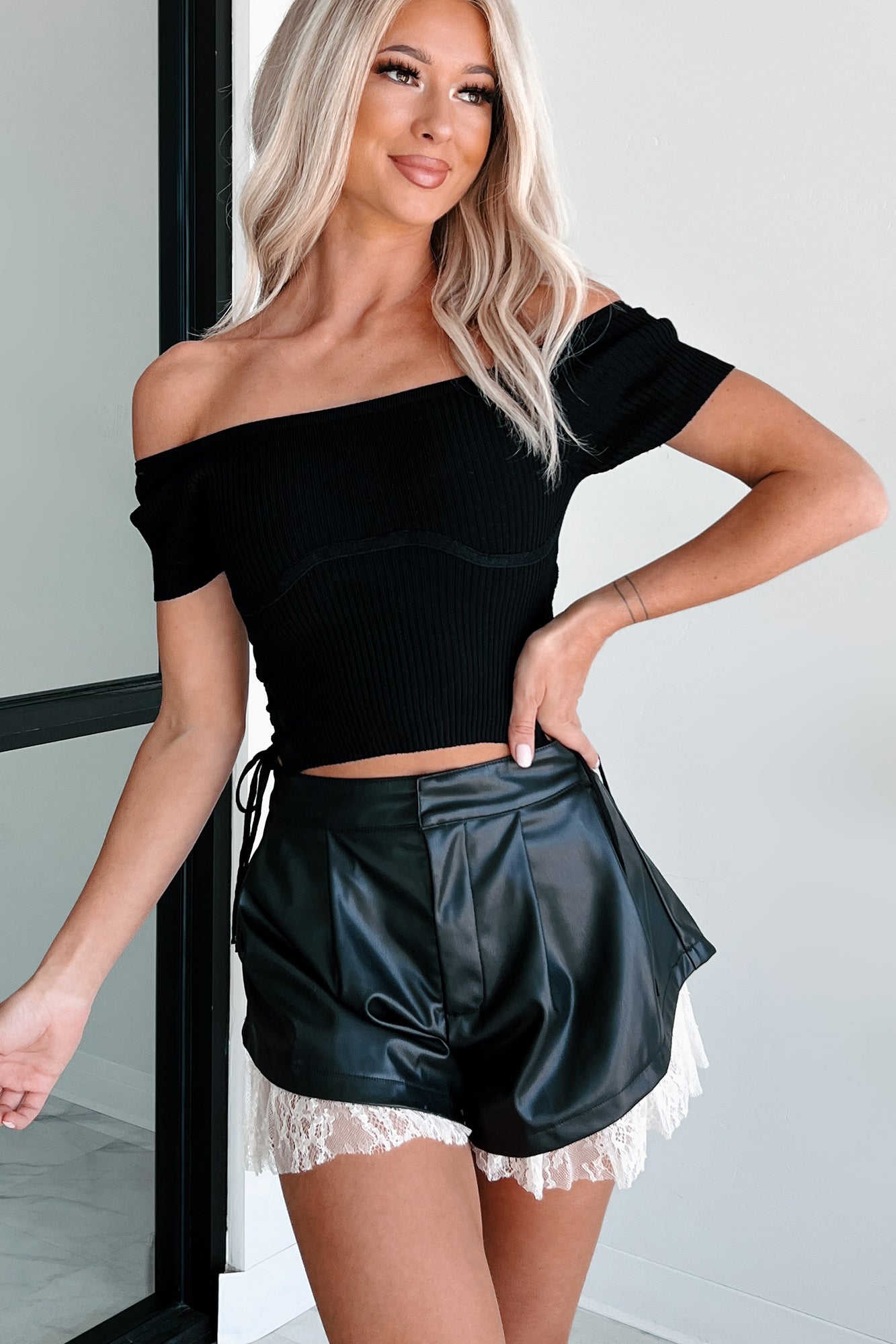 DOORBUSTER Blissful Moments Side Tie Short Sleeve Sweater Top (Black)