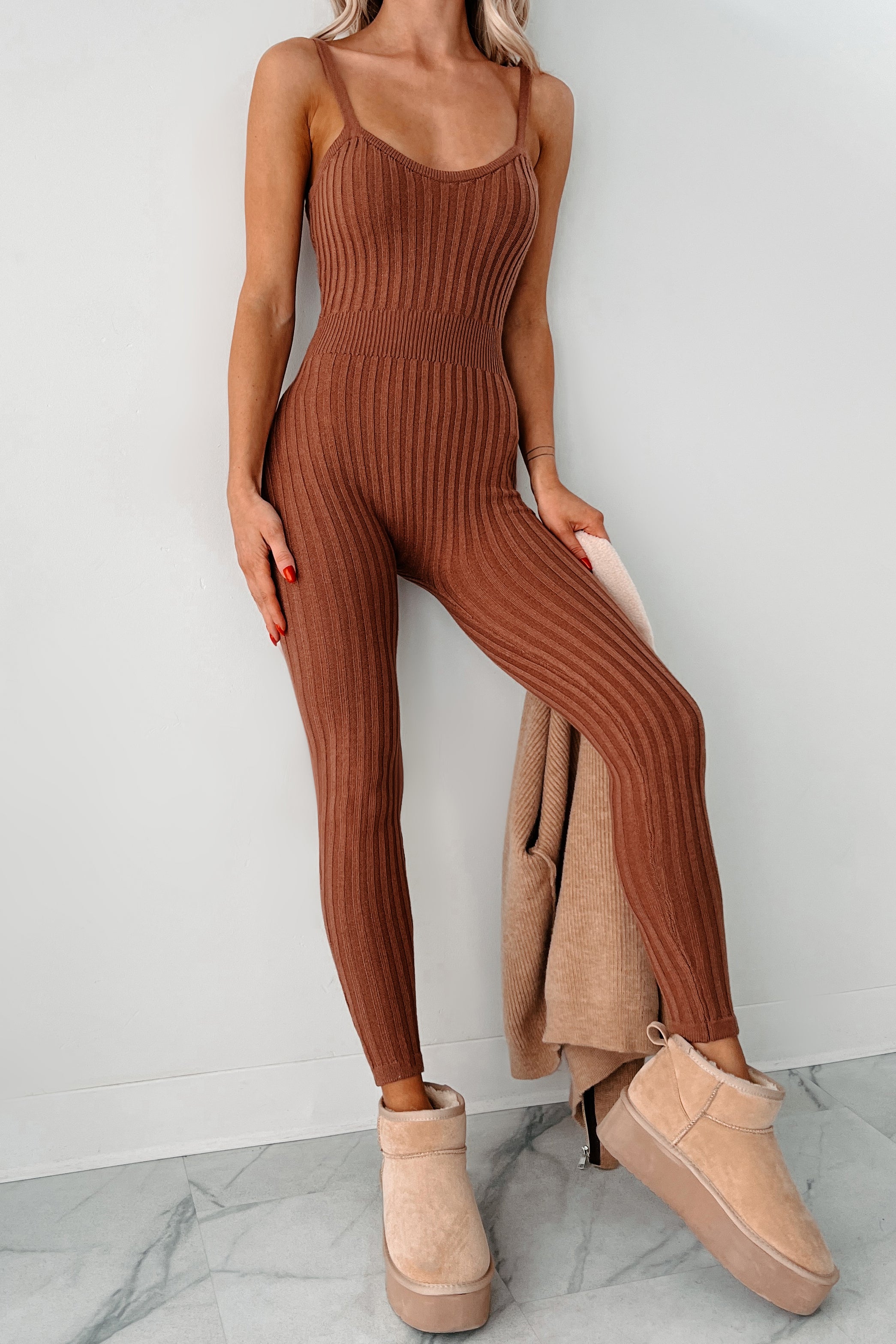 Better By The Minute Sweater Knit Catsuit (Mocha)