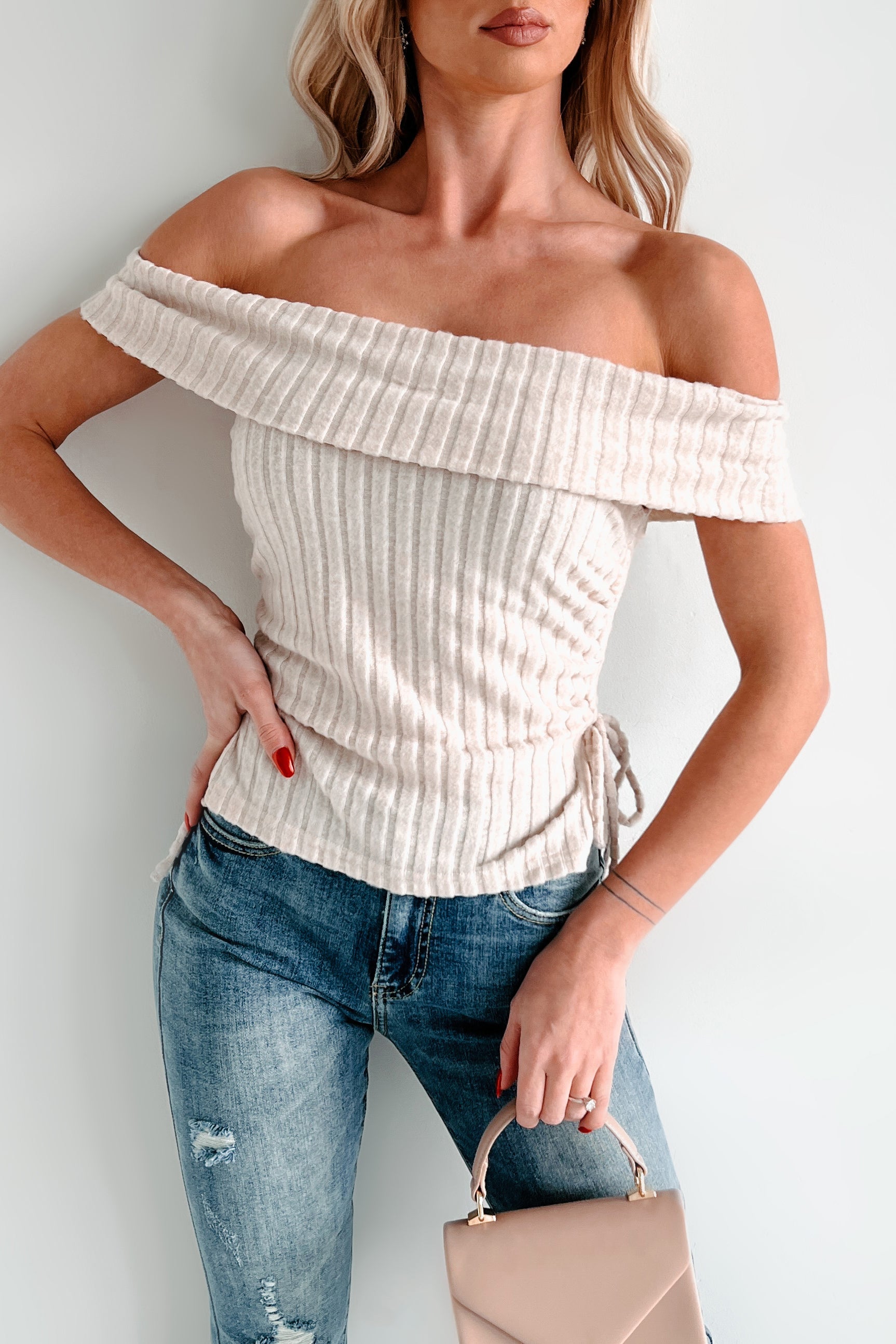 I'm Still Deciding Off The Shoulder Drawstring Side Top (Cream)