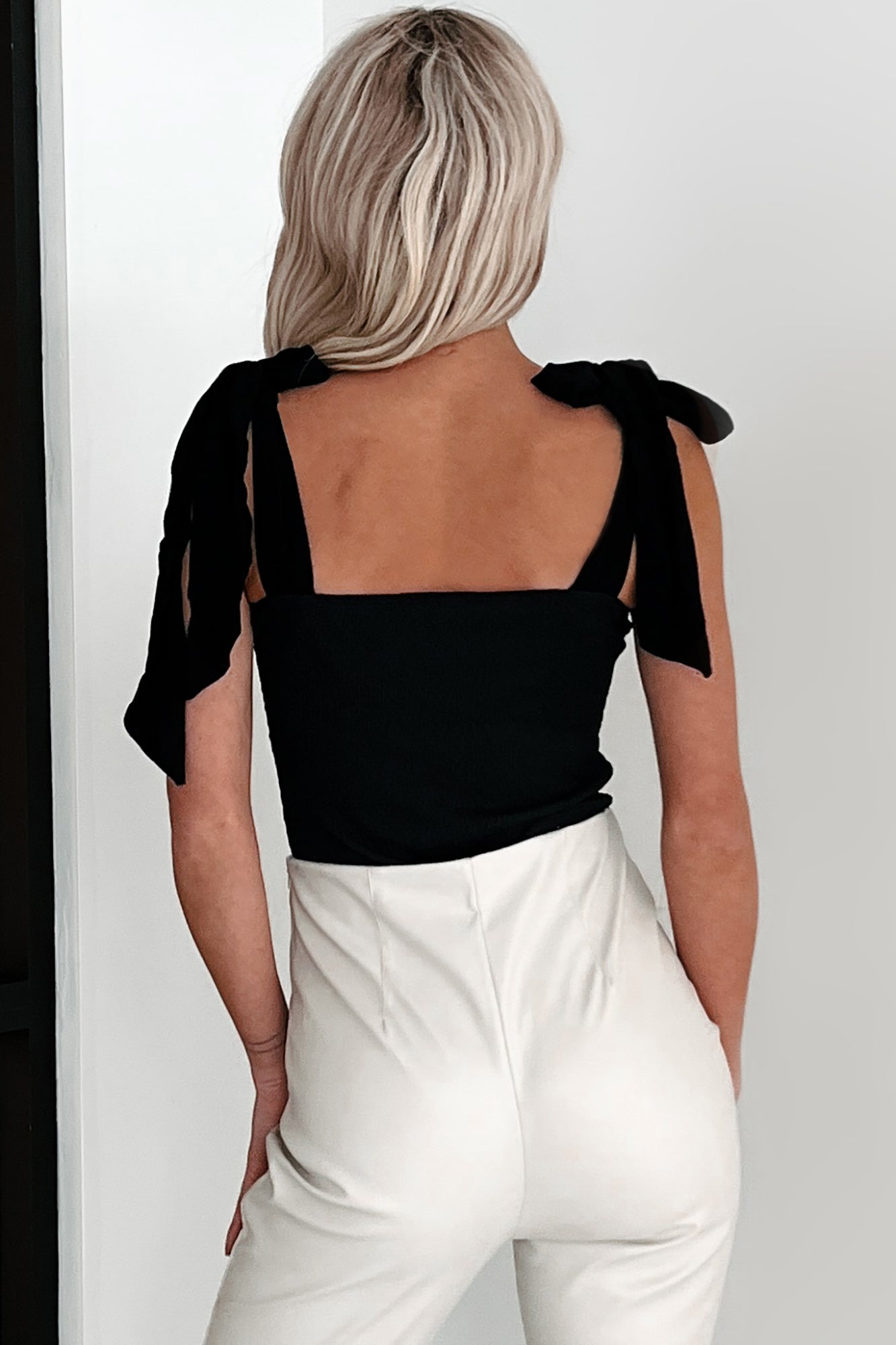 A Stitch In Time V-Notch Tie Strap Bodysuit (Black)