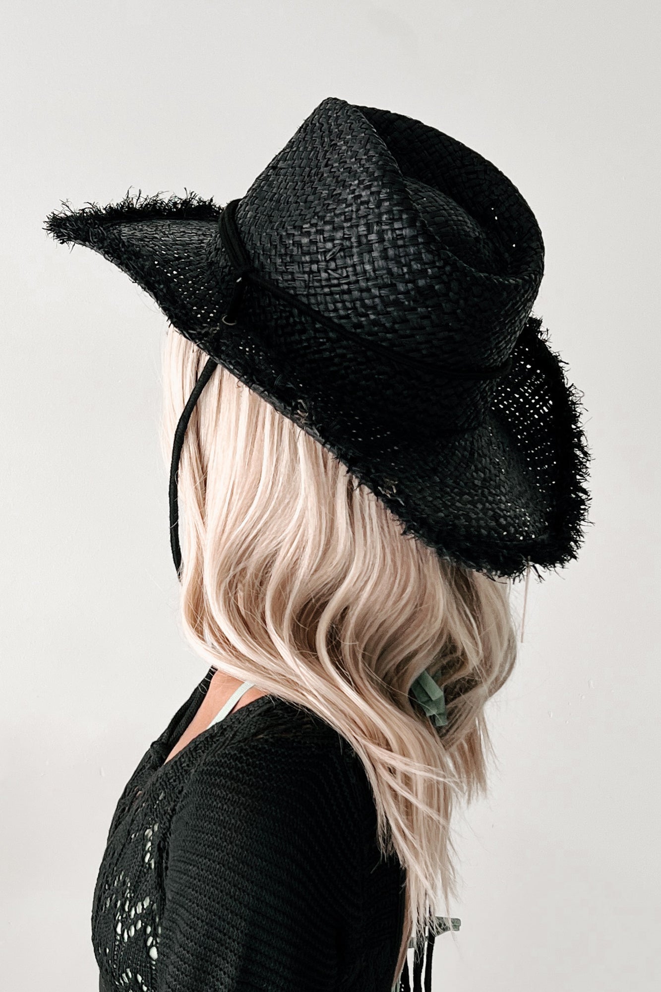 Beachy Dreams Frayed Edge Straw Cowboy Hat (Black)