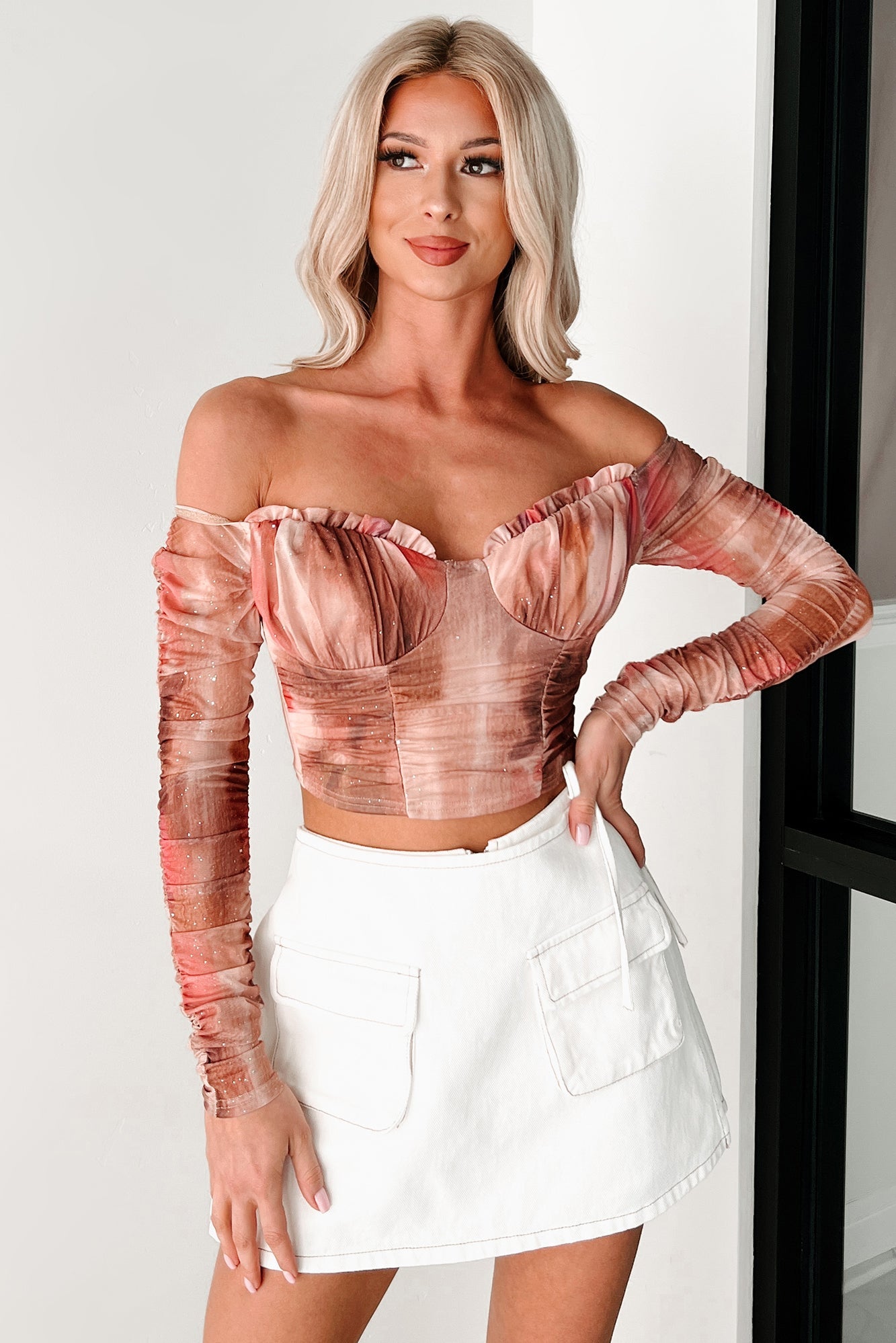 From Flirty To Fierce Sparkle Mesh Off The Shoulder Top (Dry Rose)