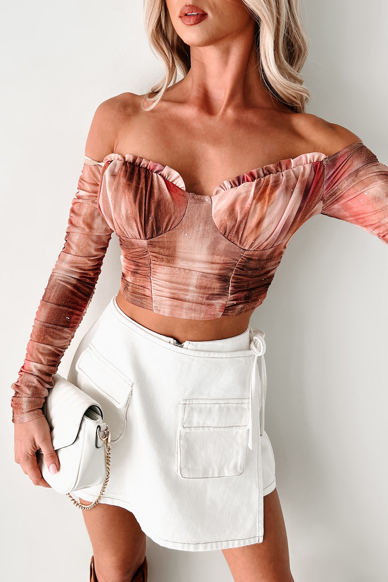 From Flirty To Fierce Sparkle Mesh Off The Shoulder Top (Dry Rose)