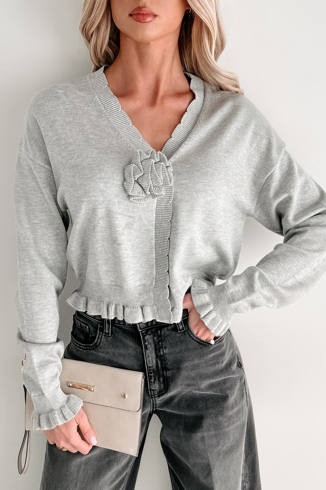 Comfortable Confidence Ruffle Knit Cardigan (Grey)
