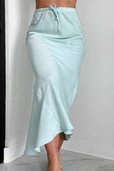 Such A Dreamer Drawstring Waist Satin Midi Skirt (Light Seagreen)