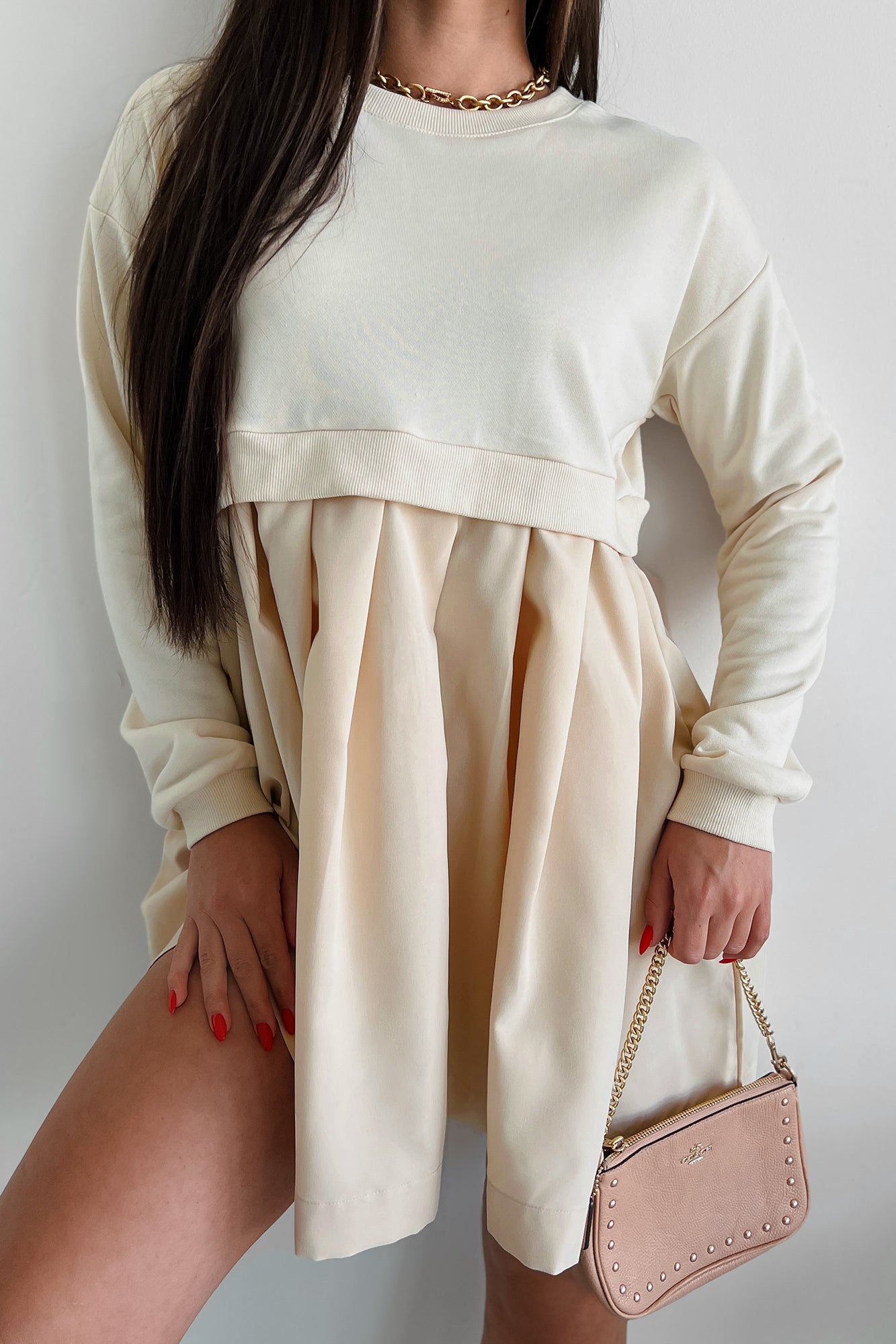 Siobhan Contrast Terry Pleated Mini Dress (Stone)