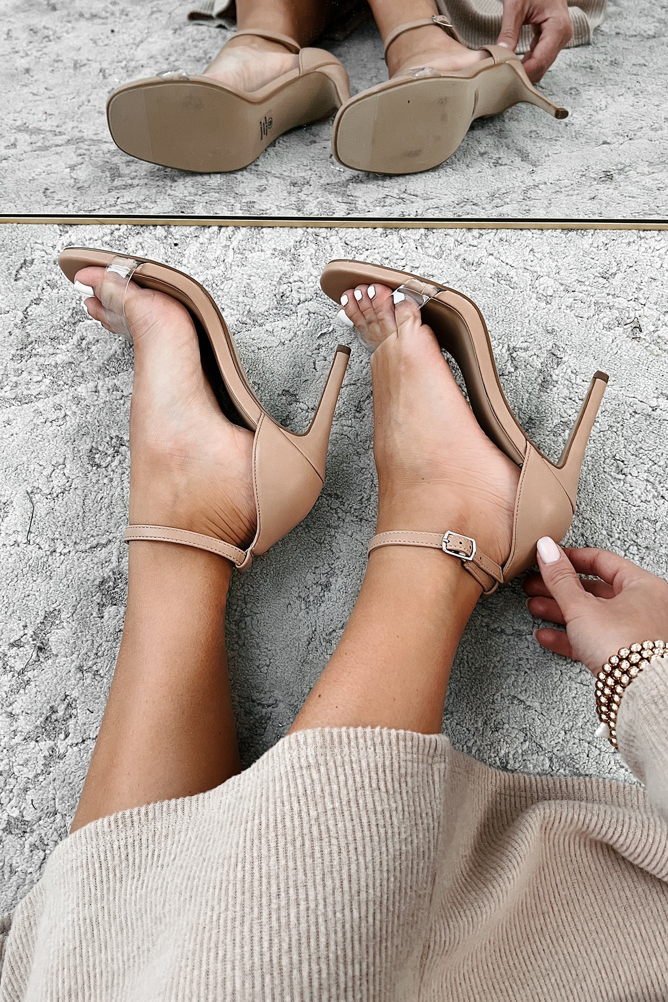 Never Underestimated Ankle Strap Heels (Clear/Sand)