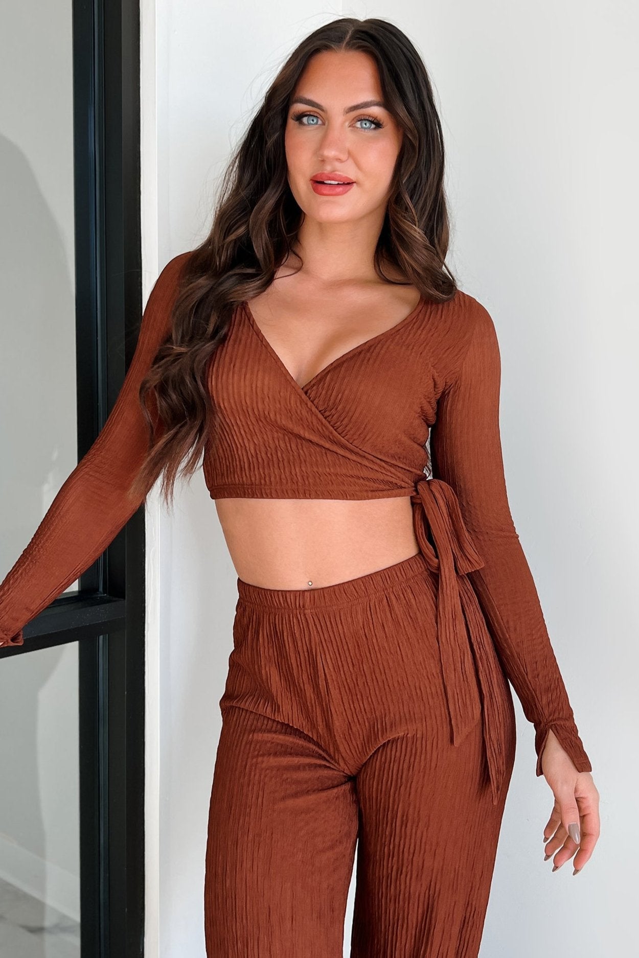 Following My Intuition Crinkled Plisse Wrap Top & Pants Set (Ancora Red)