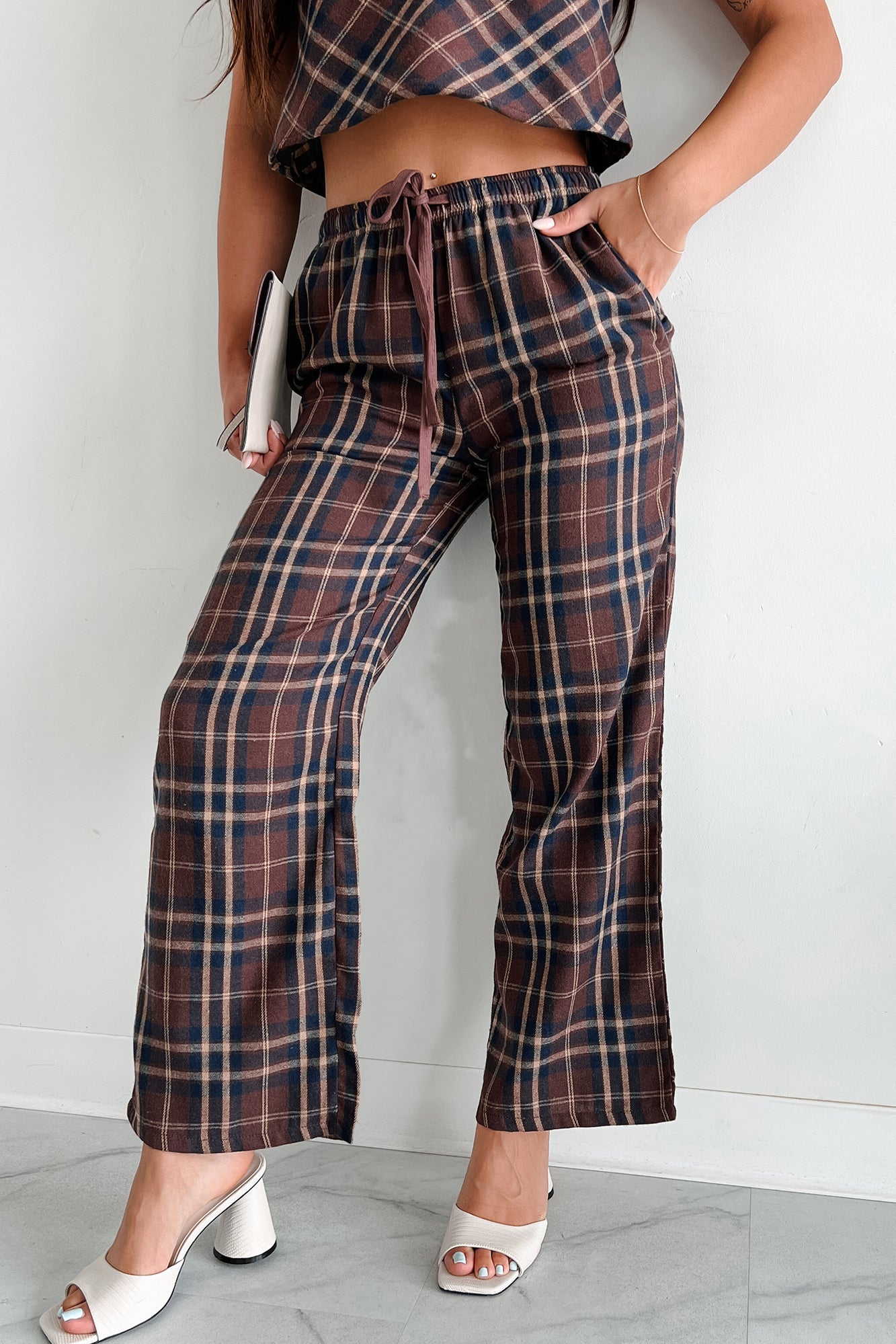 Picnics In September Plaid Flannel Two Piece Set (Brown/Navy)