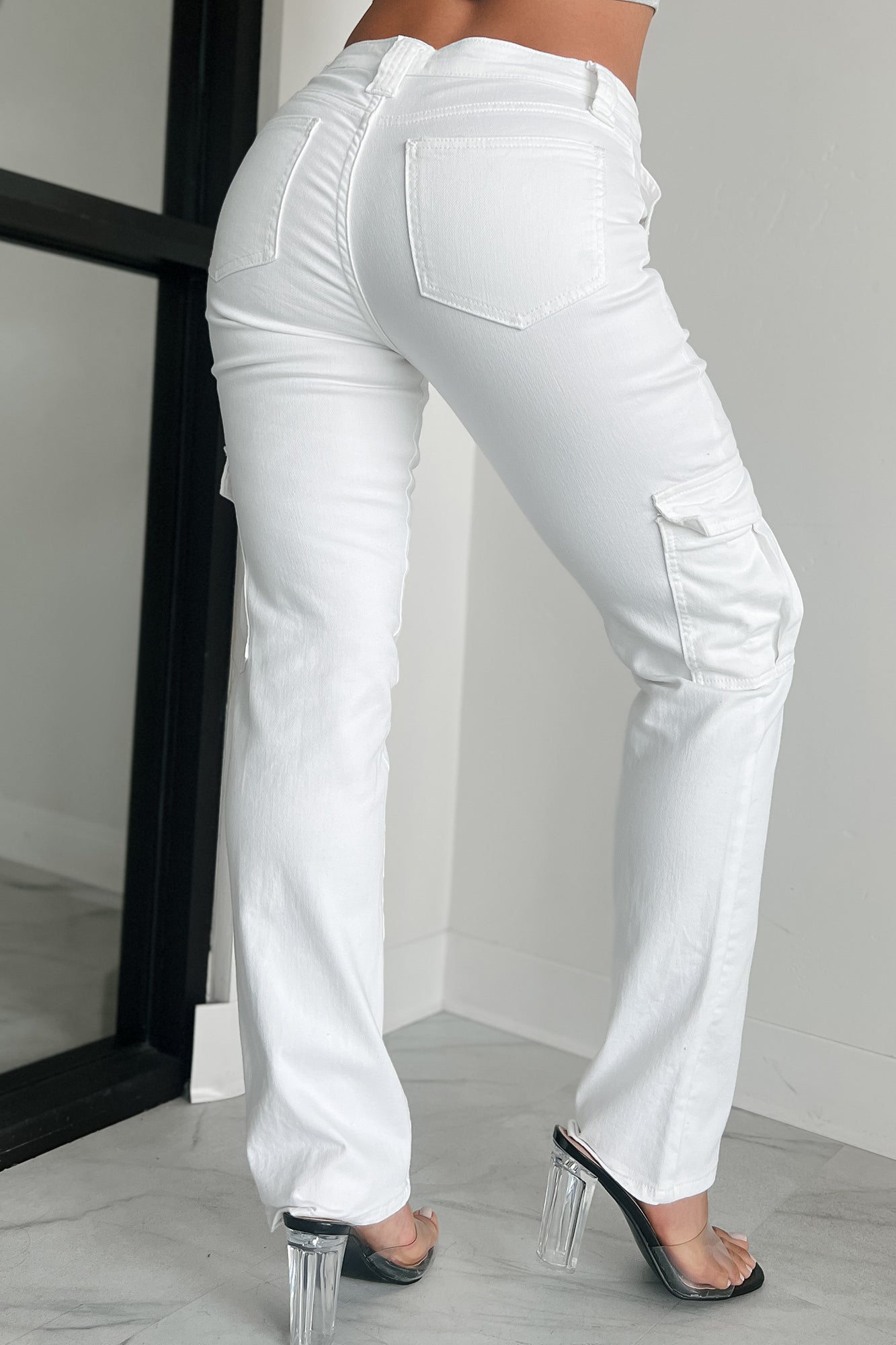 Cool Ambition Mid Rise Straight Leg Cargo Jeans (White)