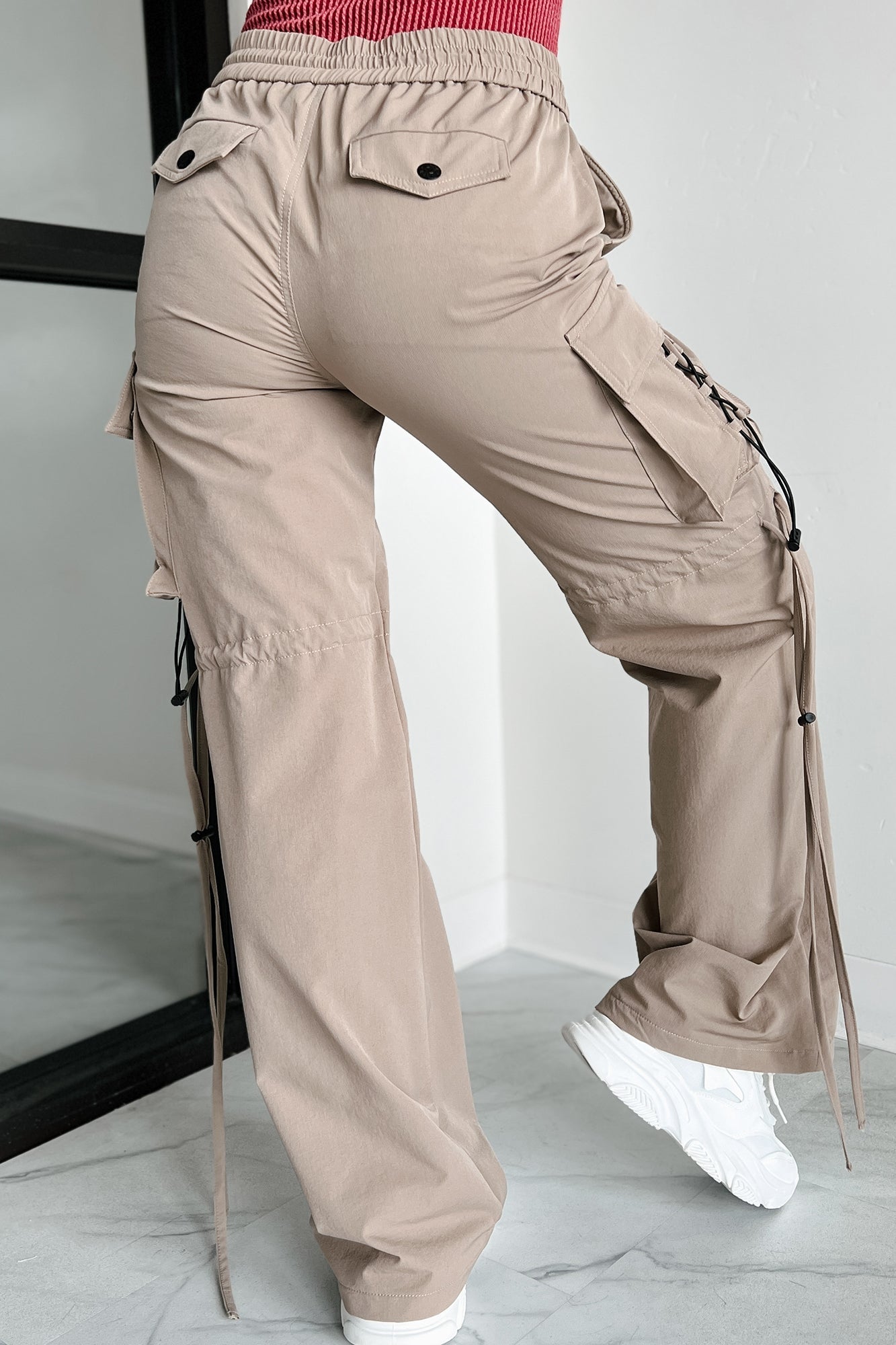 Finding My Way Wide Leg Cargo Drawstring Pants (Khaki)