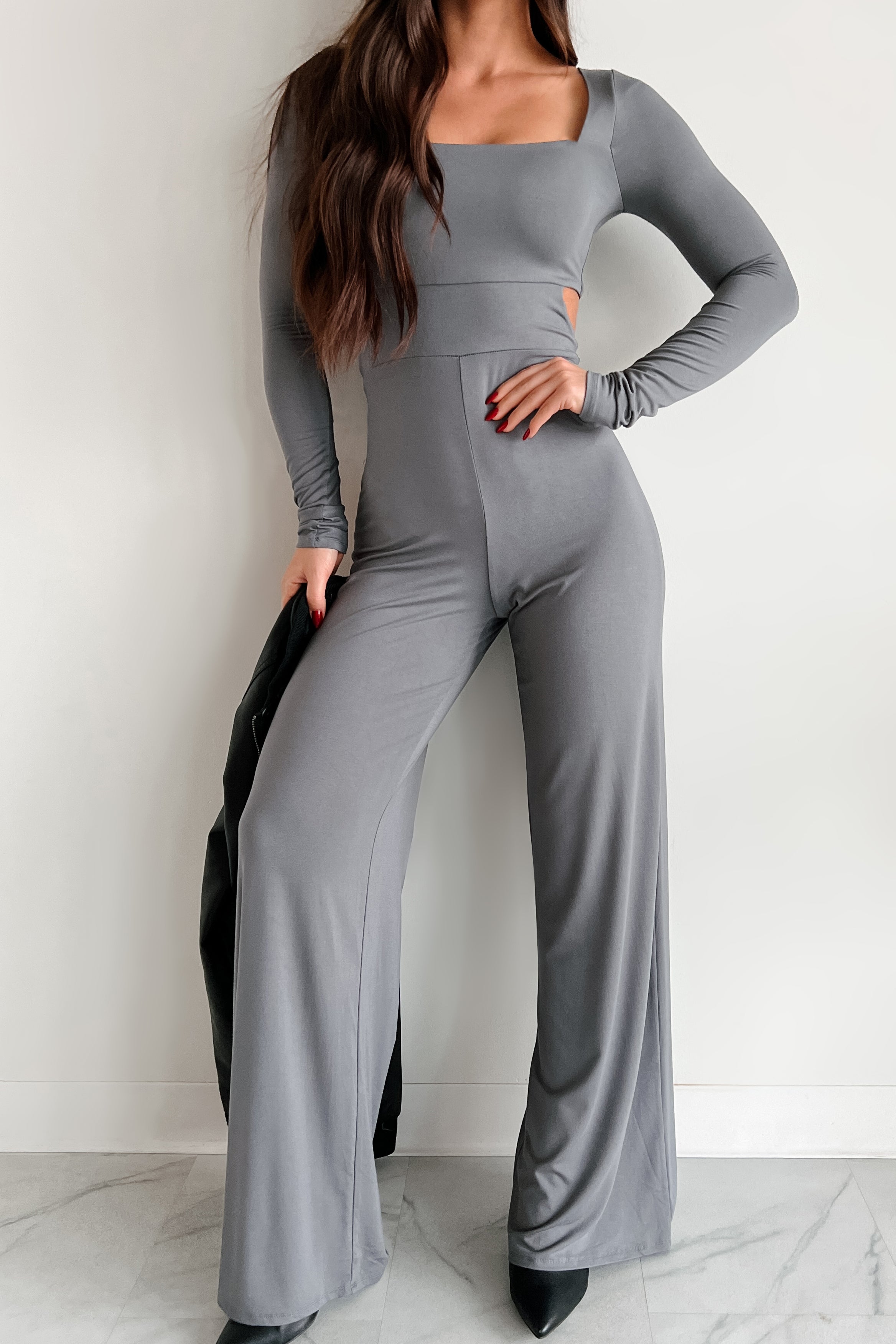 Kaylen Long Sleeve Square Neck Jumpsuit (Grey)