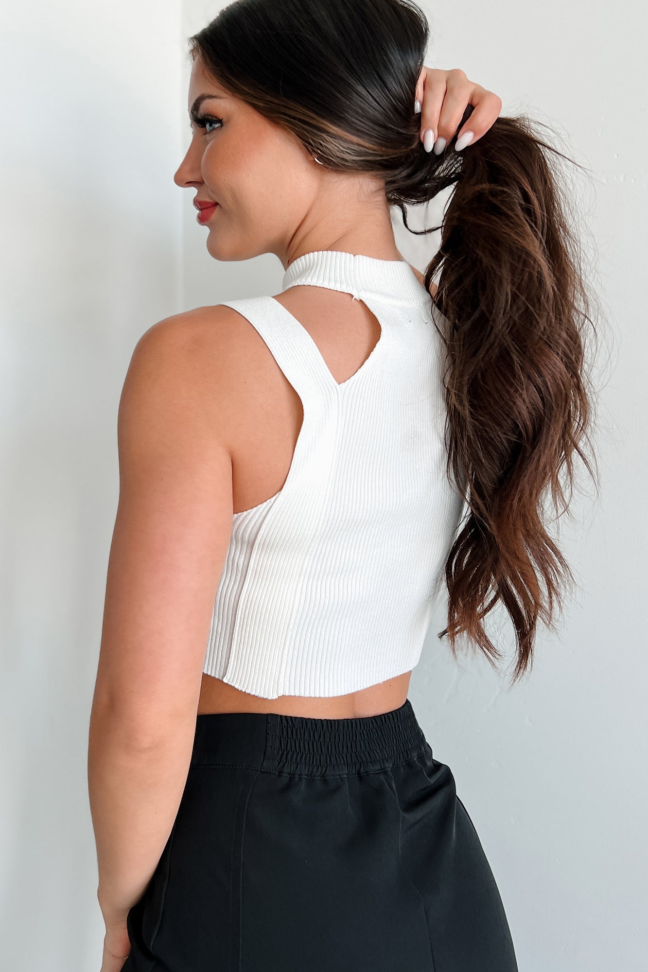Forming Connections Ribbed Cut-Out Crop Top (Off White)