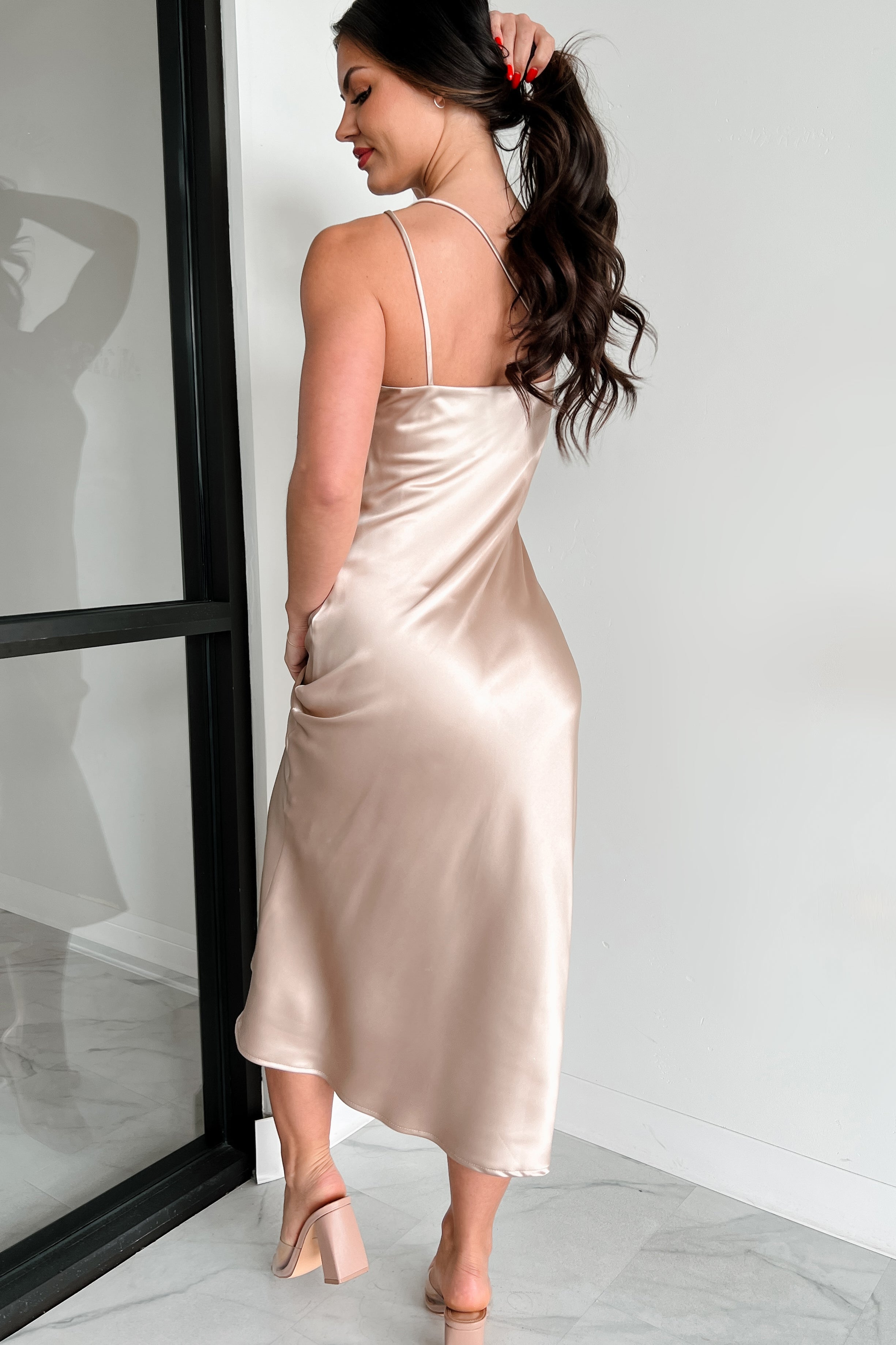 DOORBUSTER Metallic Moment Asymmetric Satin Midi Dress (Taupe)