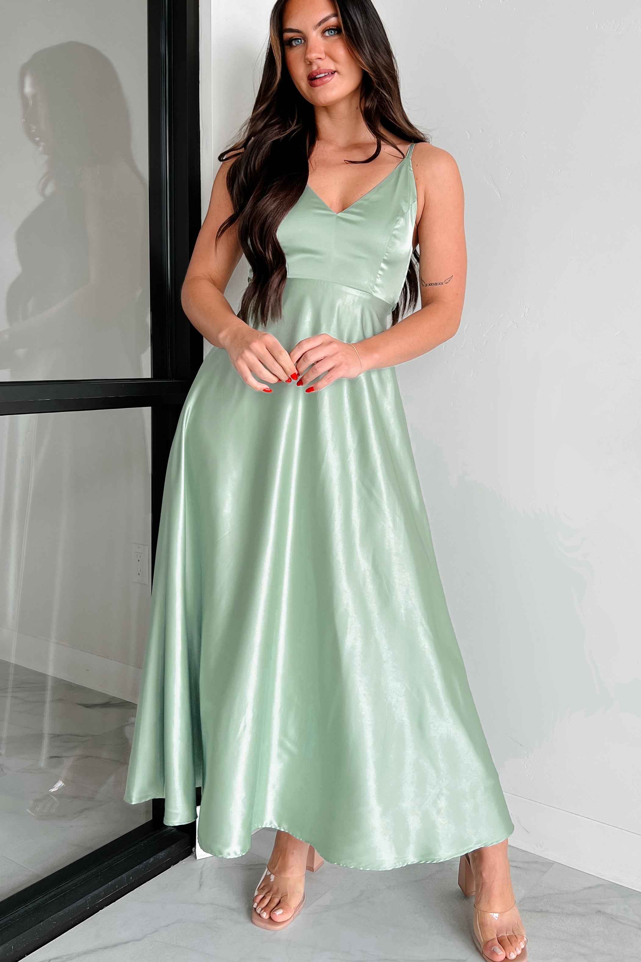 Luxurious Poise Satin Midi Dress (Pastel Sage)