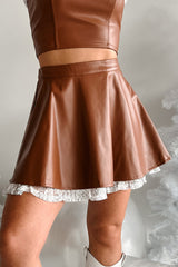 DOORBUSTER Always Flirty Ruffle Lace Faux Leather Skirt (Brown)