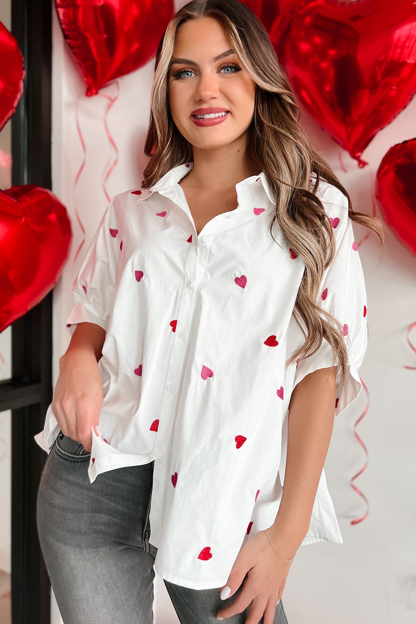 Lovestruck Babe Heart Embroidered Oversized Button-Down (White)