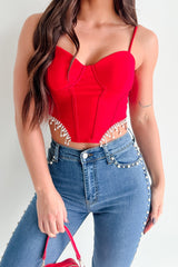 Fixed On You Rhinestone Pearl Fringe Top (Red)