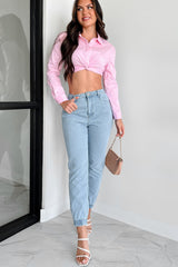 Business Proposition Cropped Button-Down Shirt (Light Pink)