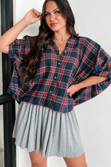 Bijou Plaid Oversized Button-Down Shirt (Navy)