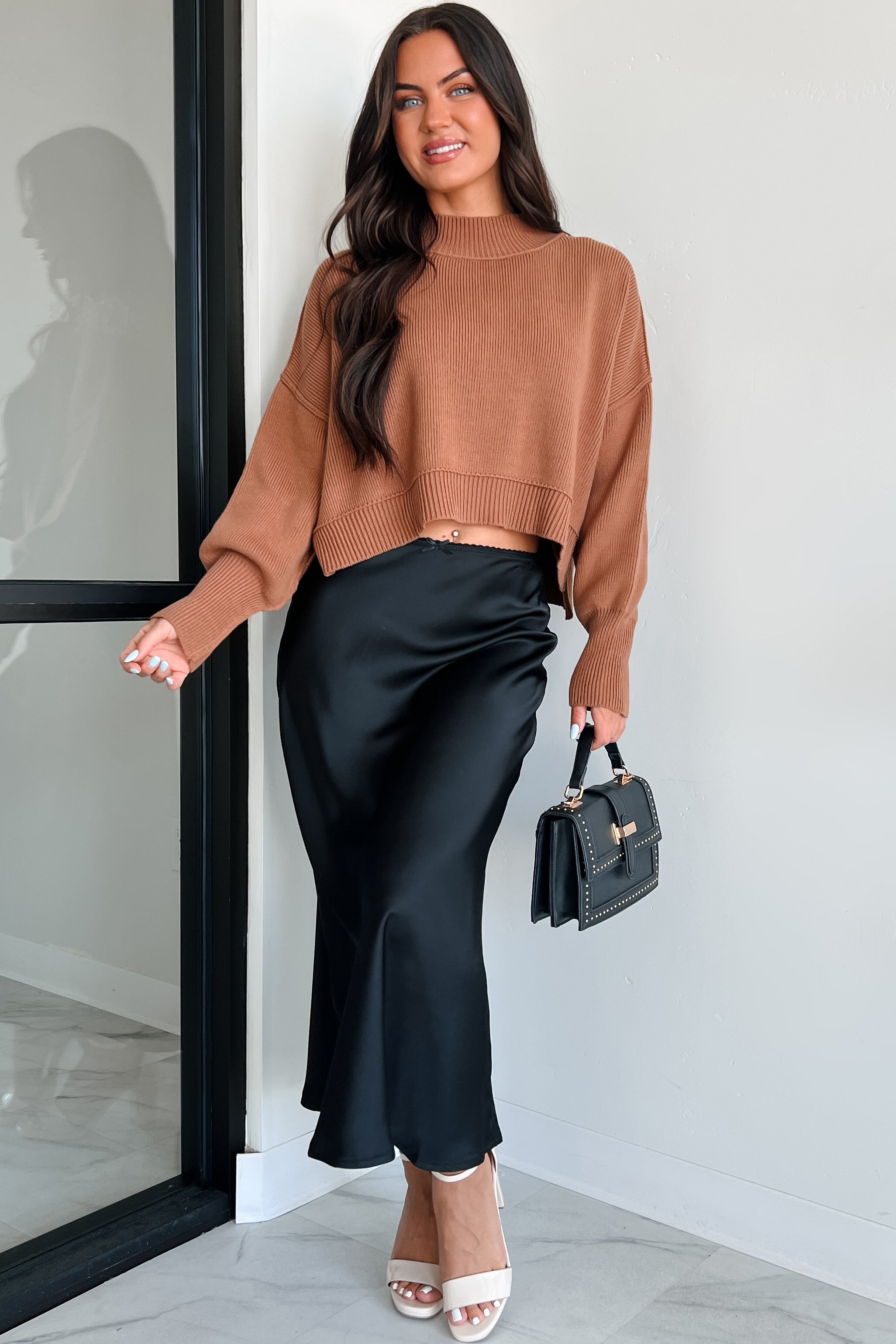 Chic Endeavors Satin Midi Skirt (Black)