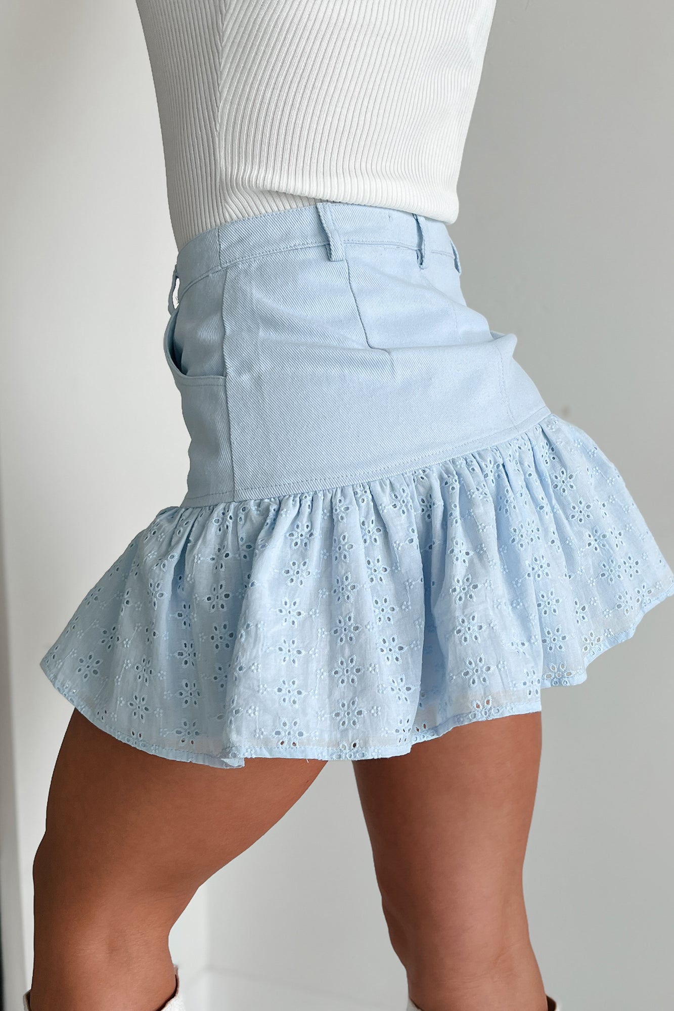 Daily Gratitude Eyelet Hem Denim Mini Skirt (Ice Blue)