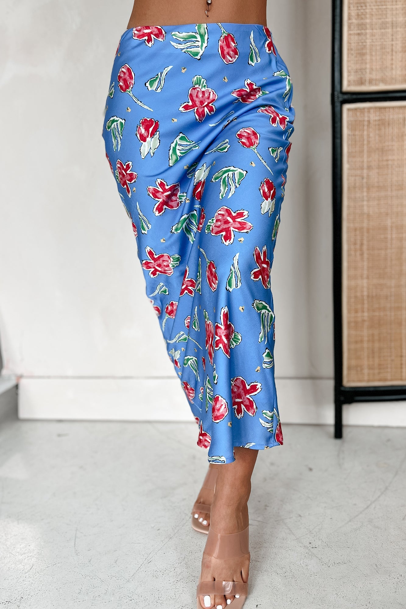 Feeling Flowerful Satin Floral Midi Skirt (Blue)