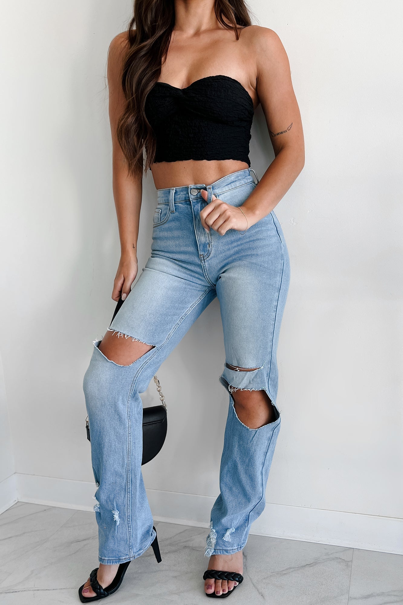Don't Delay High Rise Distressed Straight Leg Dogma Jeans (Medium Wash)