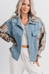 Daily Mode Plaid Denim Mix Jacket (Taupe Blend)