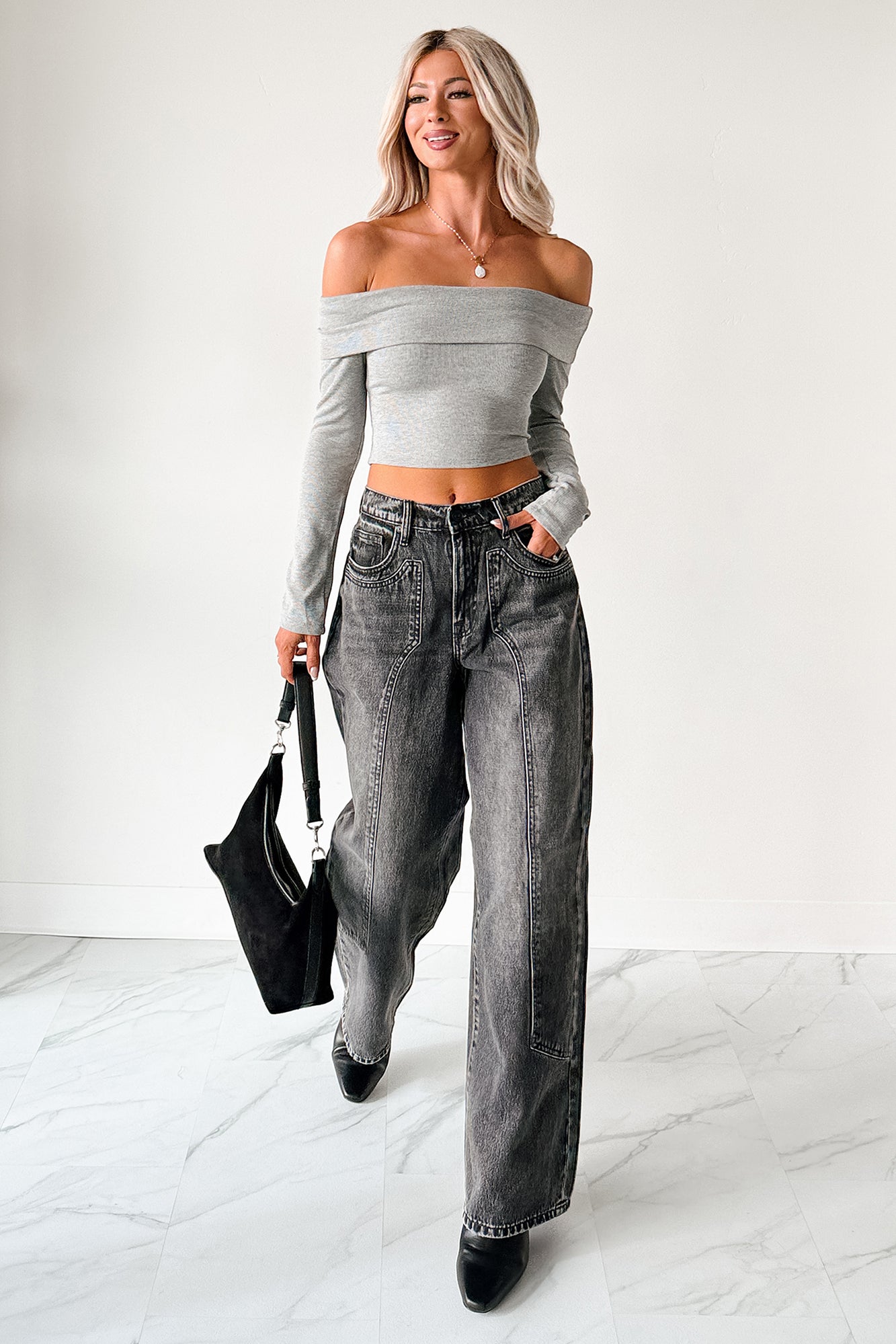 Fall Into Me Off The Shoulder Crop Top (Heather Grey)