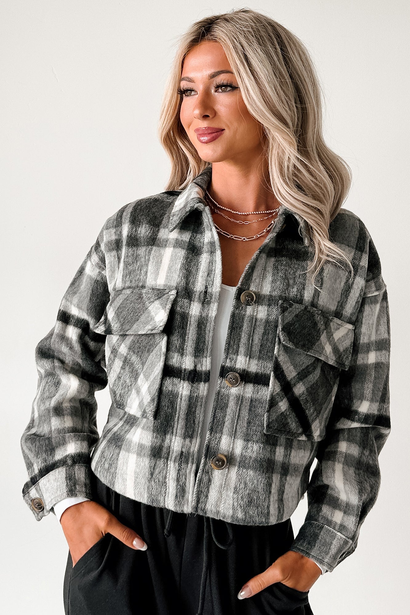 Can't Relate Plaid Button-Down Shacket (Charcoal)