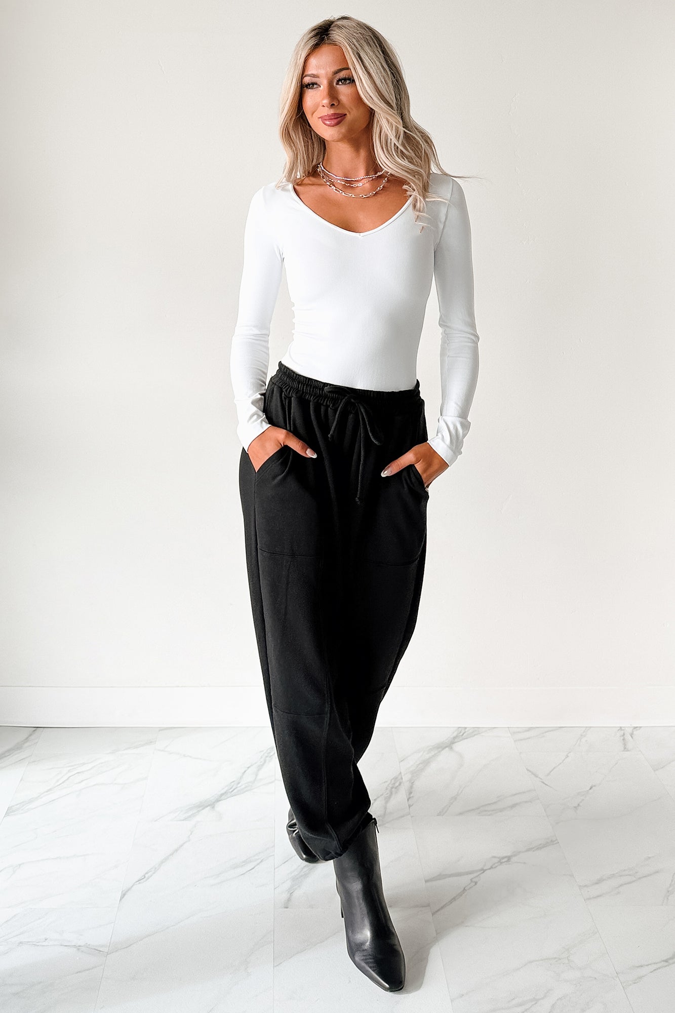 Everyday Lovely V Neck Long Sleeve Bodysuit (White)