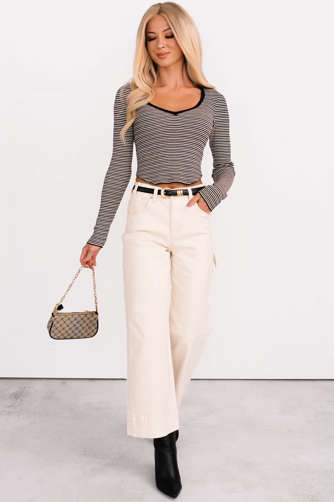 Before You Go Striped Long Sleeve Top (Black)