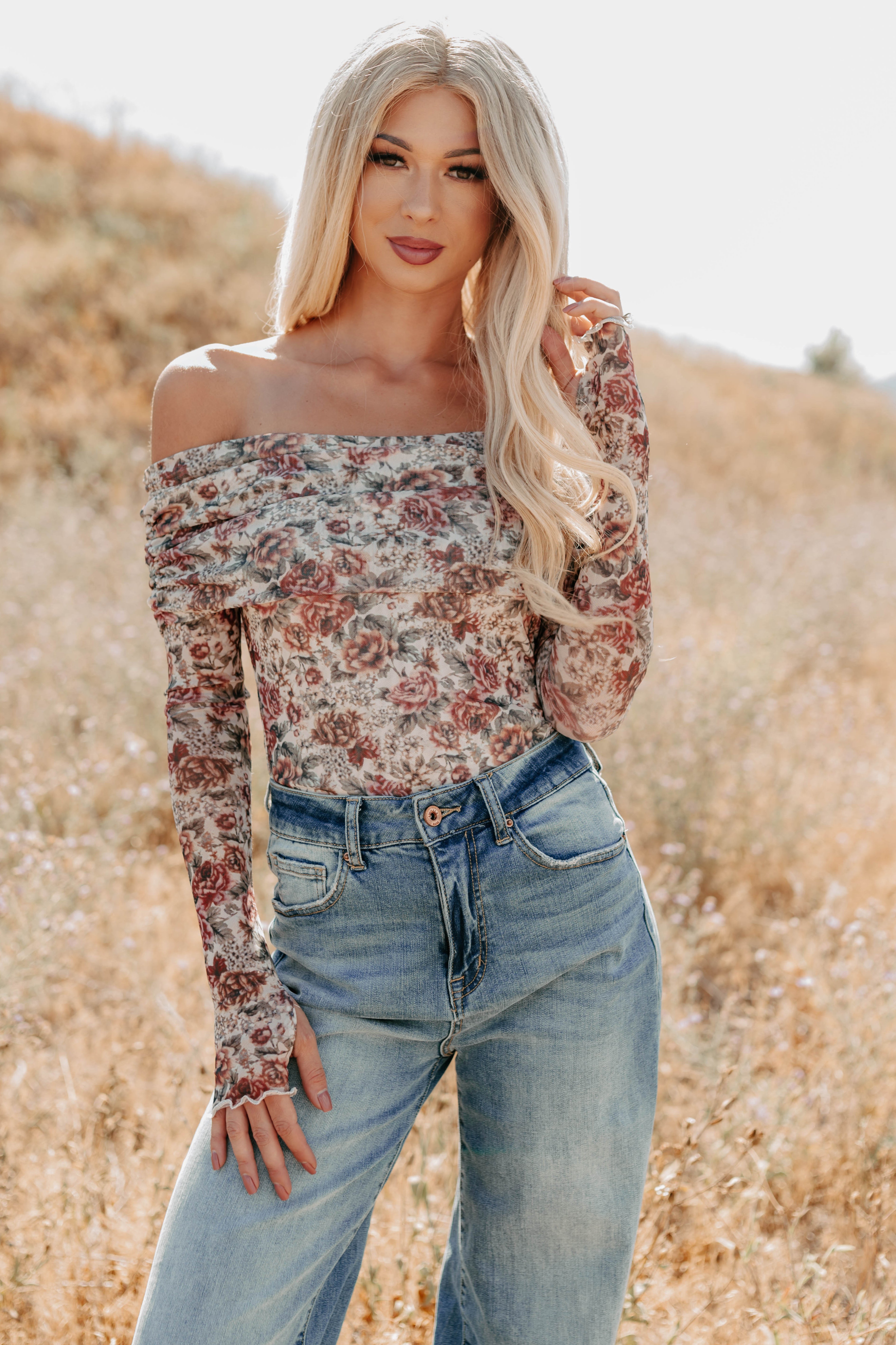 Daisy Fresh Off The Shoulder Floral Bodysuit (Cream)