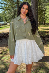 Under The Sun Floral Denim Cropped Shacket (Olive)